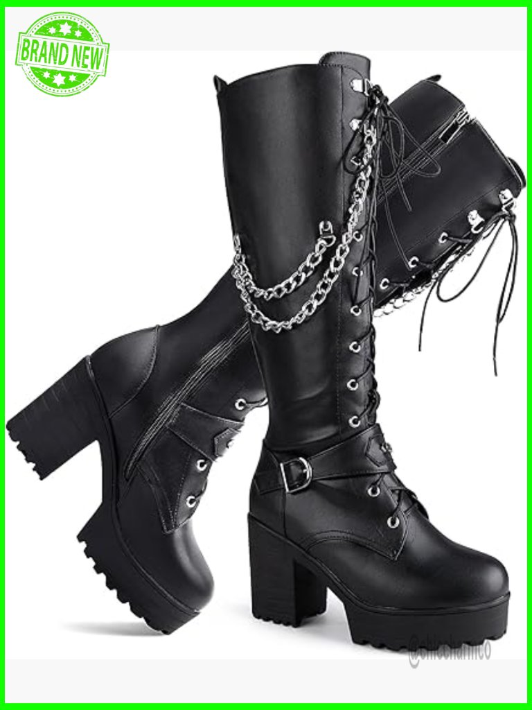 Knee High Platform Combat Boots With Side Zipper And Laces
